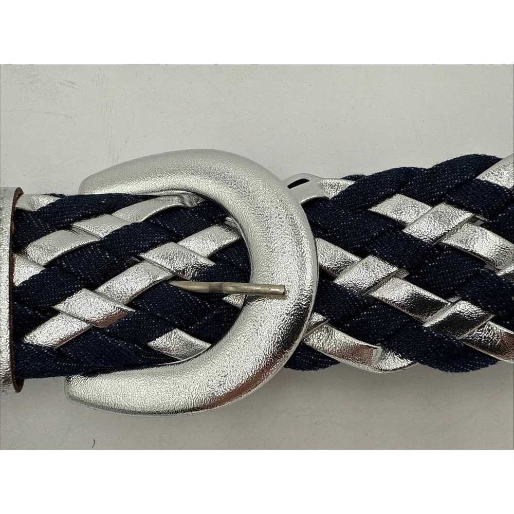 Vintage Astor Denim And Silver And Blue Jean‎ Denim Wide Woven Belt NOS Sz M-L